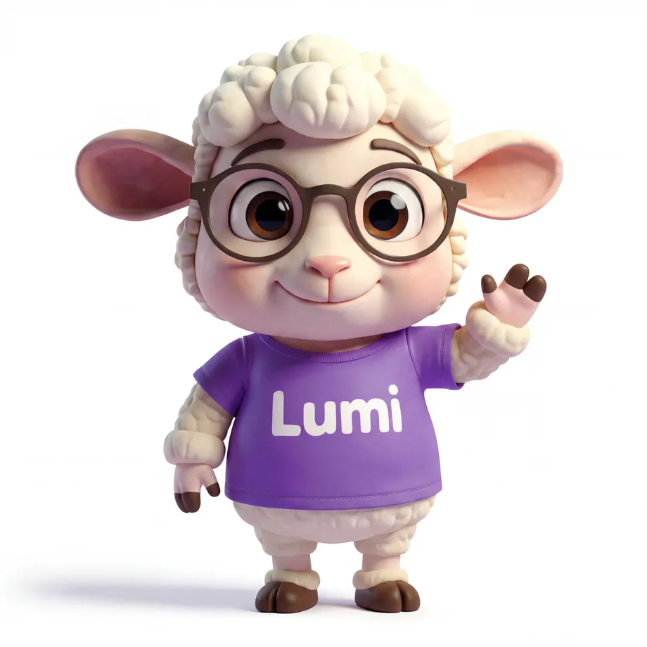 Lumi, a ovelhinha mascote da Verbum, de óculos e camiseta roxa